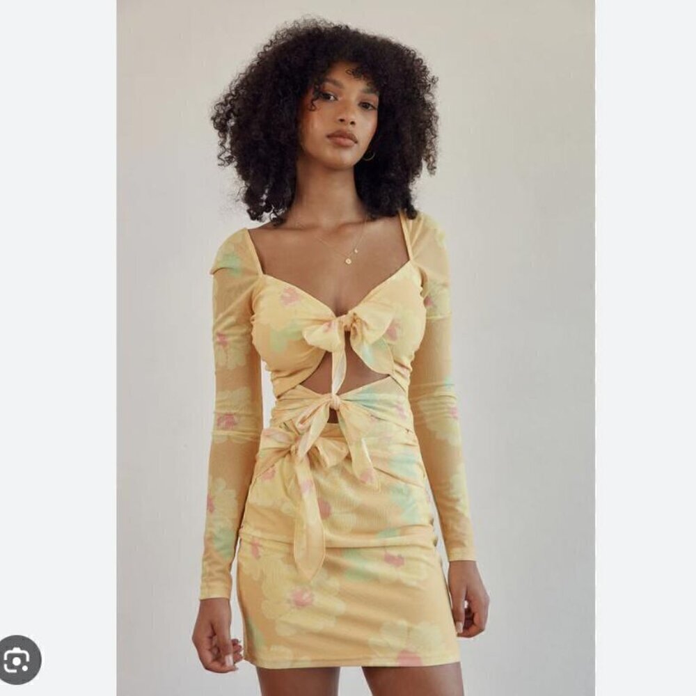 Sabo Skirt Yellow Floral Tie-Front Long Sleeve Mini Dress